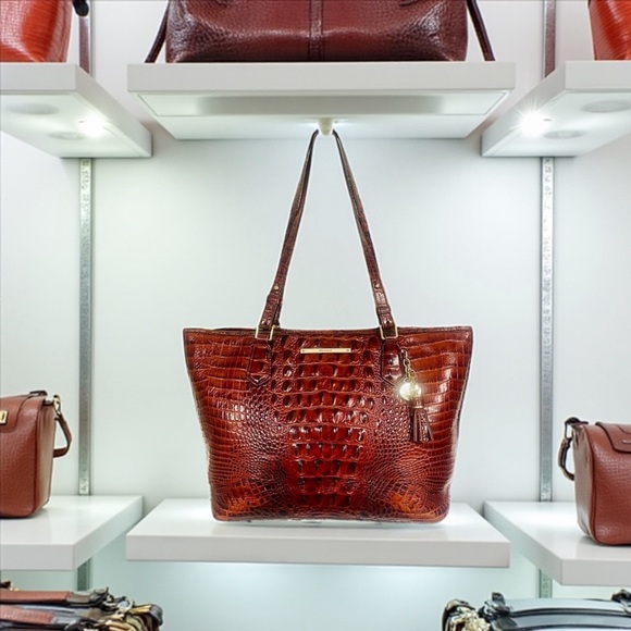 Brahmin Melbourne Asher Pecan Brown Crocodile-Embossed Leather Tote Bag - Picture 1 of 9